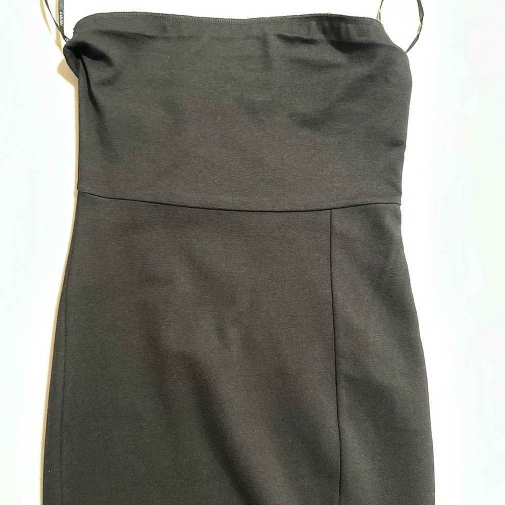 Black strapless midi dress with a side slit